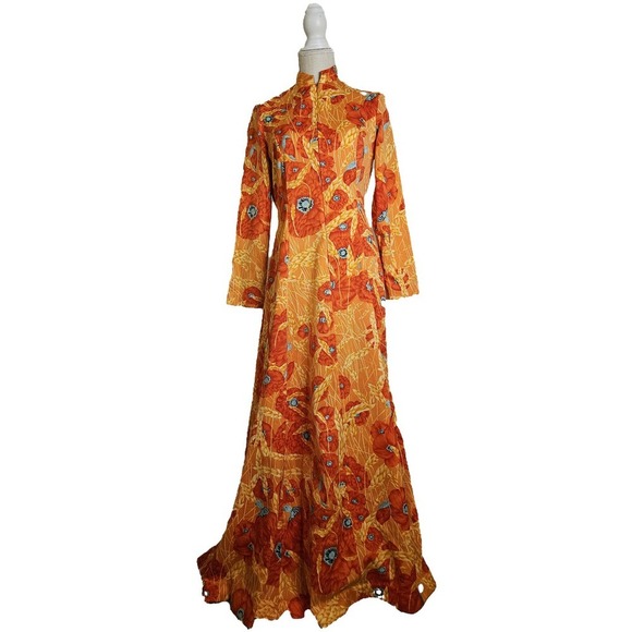 Vintage Concept 70s Swirl Hostess Dress Mandarin Collar Size Small Orange - Picture 1 of 6